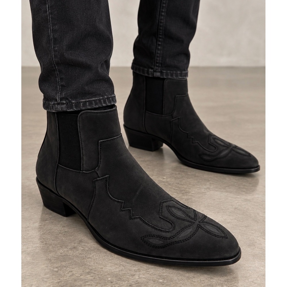 Black Western Chelsea Boots Pointed Toe Embroidered Ankle G Size 46